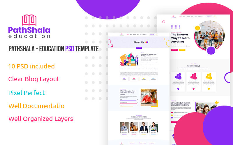 Download PSD шаблон "PathShala - Education PSD Template" / PathShala - Education PSD Template - Адаптивный PSD шаблон на тему обзор книг academy,class,course,education,instructor,learn,lesson,library,school,student,study,teacher,training,tutor,university,psd