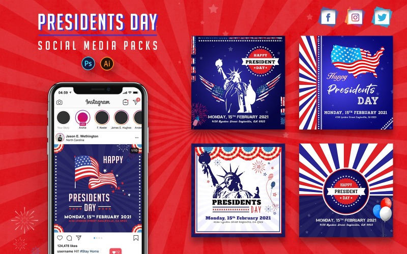 Download Шаблон для соцсетей "President Day  Packs Social Media Template" / President Day  Packs Social Media Template - Шаблон для соцсетей на тему графика presidentsday,president,social,media,pack,post,instagram,twitter,facebook,story,cover,instagrampost,instagramstory,event,template