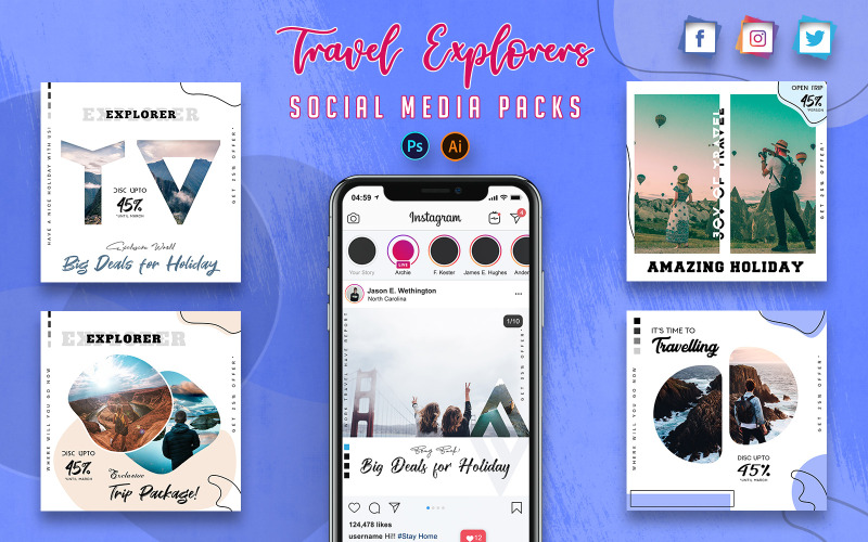 Download Шаблон для соцсетей "Travel Explorers  Packs Social Media Template" / Travel Explorers  Packs Social Media Template - Шаблон для соцсетей на тему графика travel,adventure,wanderer,social,media,pack,post,instagram,twitter,facebook,story,cover,instagrampost,instagramstory,template