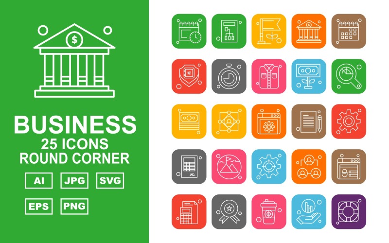 Download Набор иконок "25 Premium Business Round Corner Icon Set" / 25 Premium Business Round Corner Icon Set - Набор иконок на тему business calendar,user,leader,website,award,coffee,graph,target,server,flag,bank,shield,stopwatch,shirt,dollar,magnifying glass,document,setting,book,mountain