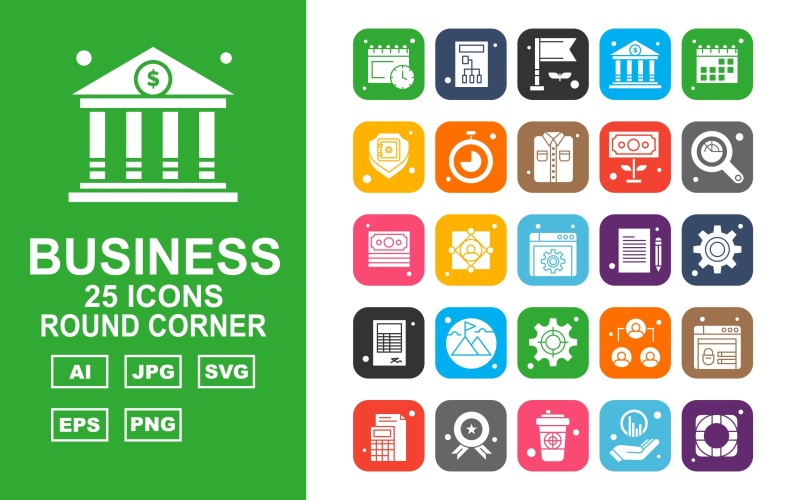 Download Набор иконок "25 Premium Business Round Corner Iconset" / 25 Premium Business Round Corner Iconset - Набор иконок на тему business calendar,user,leader,website,award,coffee,graph,target,server,flag,bank,shield,stopwatch,shirt,dollar,magnifying glass,document,setting,book,mountain