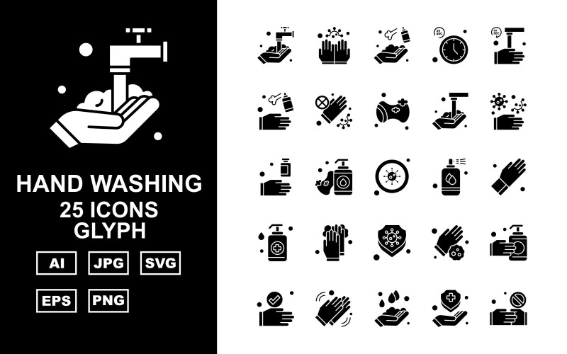 Download Набор иконок "25 Premium Hand Washing Glyph Icon Set" / 25 Premium Hand Washing Glyph Icon Set - Набор иконок на тему industrial washing,clean,sponge,hand washing,gloves,shield,handshake,cleaning,clock,industrial,soap,sanitizer spray,virus,spray,icon,icons