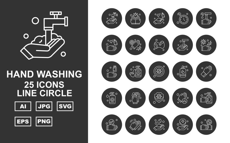 Download Набор иконок "25 Premium Hand Washing Line Circle Iconset" / 25 Premium Hand Washing Line Circle Iconset - Набор иконок на тему industrial washing,clean,sponge,hand washing,gloves,shield,handshake,cleaning,clock,industrial,soap,sanitizer spray,virus,spray,icon,icons