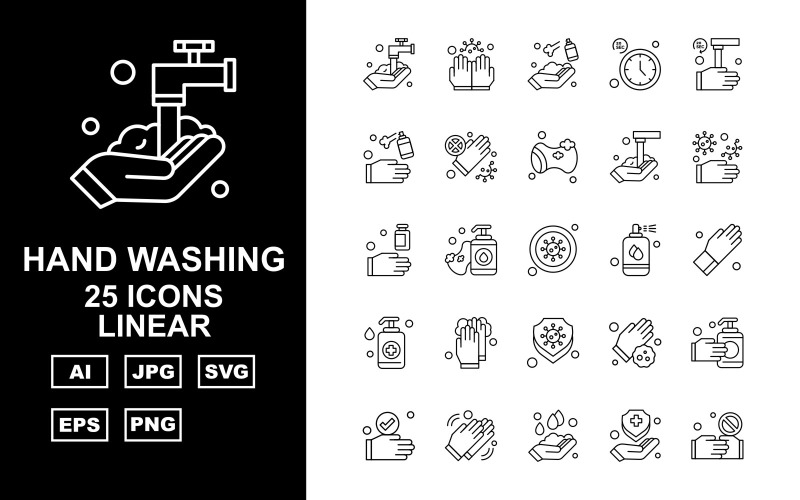 Download Набор иконок "25 Premium Hand Washing Liner Iconset" / 25 Premium Hand Washing Liner Iconset - Набор иконок на тему industrial washing,clean,sponge,hand washing,gloves,shield,handshake,cleaning,clock,industrial,soap,sanitizer spray,virus,spray,icon,icons