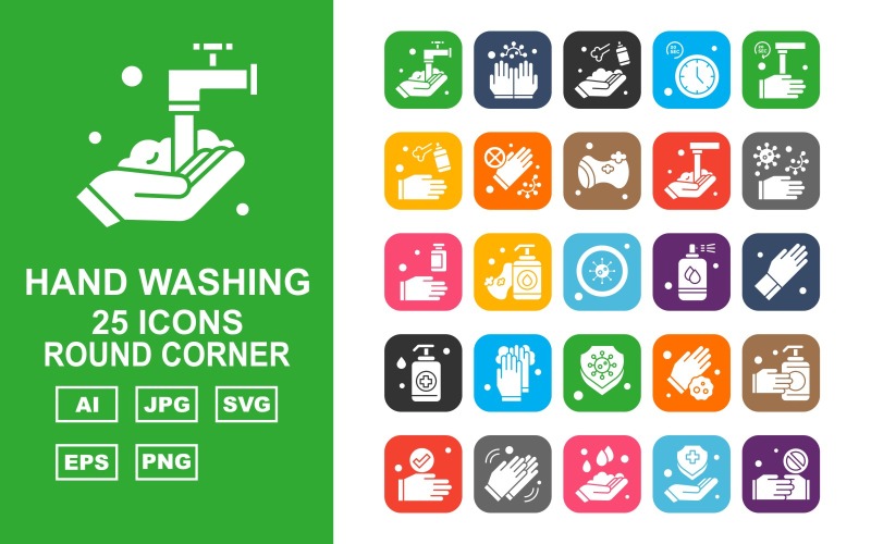Download Набор иконок "25 Premium Hand Washing Round Corner Iconset" / 25 Premium Hand Washing Round Corner Iconset - Набор иконок на тему industrial washing,clean,sponge,hand washing,gloves,shield,handshake,cleaning,clock,industrial,soap,sanitizer spray,virus,spray,icon,icons