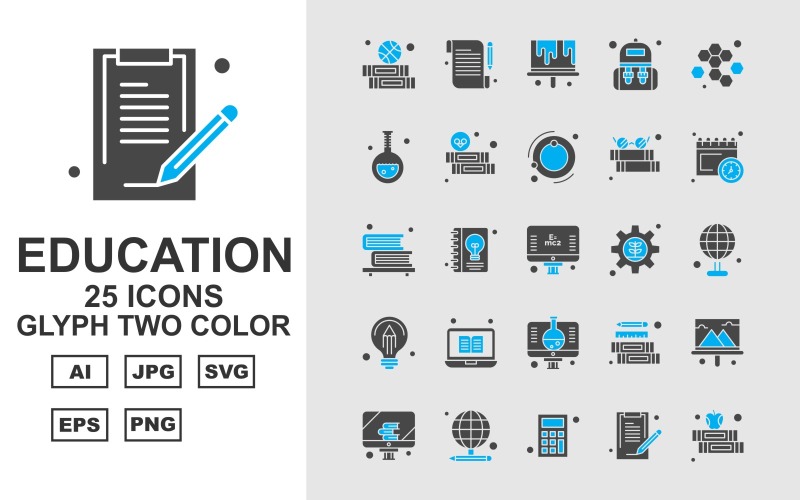 Download Набор иконок "25 Premium Education Glyph Two Color Iconset" / 25 Premium Education Glyph Two Color Iconset - Набор иконок на тему science education,study,school,pencil,ruler,chart,presentation,lcd,calculator,math,document,note,report,bag,student,blood,cells,hematology,ecology,reading