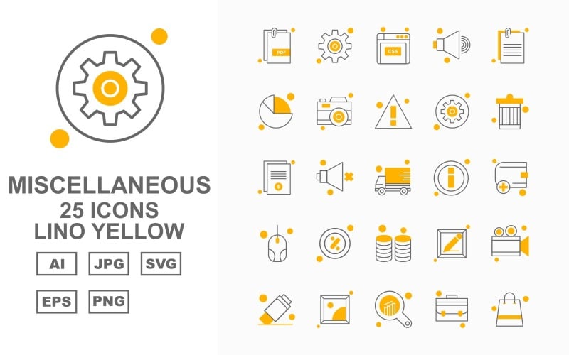 Download Набор иконок "25 Premium Miscellaneous Lino Yellow Iconset" / 25 Premium Miscellaneous Lino Yellow Iconset - Набор иконок на тему data speaker,miscellaneous,camera,usb,gallery,analytics,briefcase,bag,setting,website,document,pie,alert,photo,recycle,delivery,information,wallet,mouse,coin