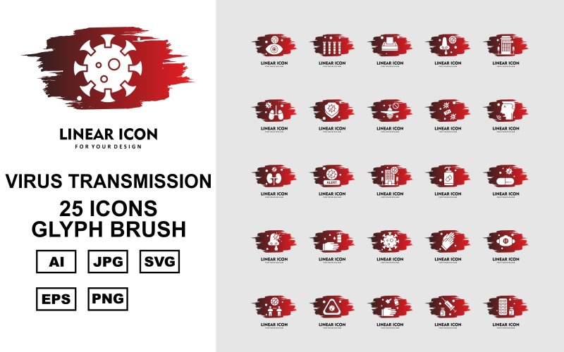 Download Набор иконок "25 Premium Virus Transmission Glyph Brush Iconset" / 25 Premium Virus Transmission Glyph Brush Iconset - Набор иконок на тему medical eye,health,alert,gloves,mask,distancing,injection,medicine,test tube,tissue,nose,building,kidney,shield,airplane,virus,patient,liquid,washing hand,coronavirus
