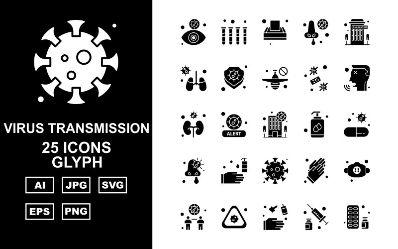 Download Набор иконок "25 Premium Virus Transmission Glyph Iconset" / 25 Premium Virus Transmission Glyph Iconset - Набор иконок на тему medical eye,health,alert,gloves,mask,distancing,injection,medicine,test tube,tissue,nose,building,kidney,shield,airplane,virus,patient,liquid,washing hand,coronavirus