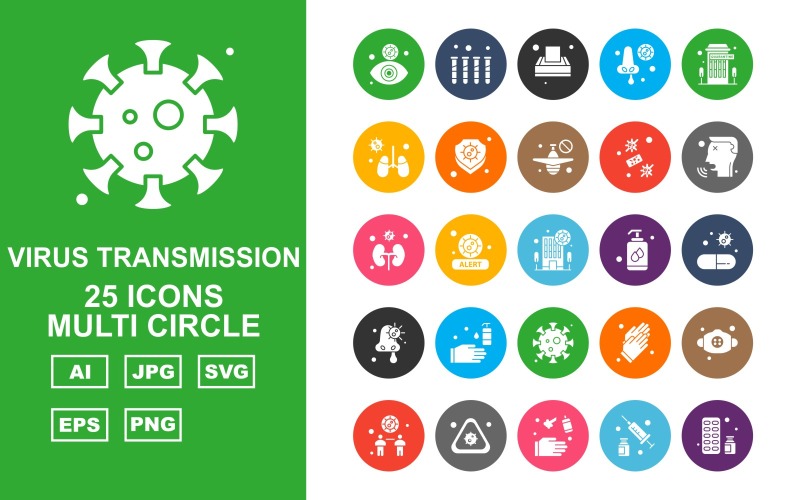 Download Набор иконок "25 Premium Virus Transmission Multi Circle Iconset" / 25 Premium Virus Transmission Multi Circle Iconset - Набор иконок на тему medical eye,health,alert,gloves,mask,distancing,injection,medicine,test tube,tissue,nose,building,kidney,shield,airplane,virus,patient,liquid,washing hand,coronavirus