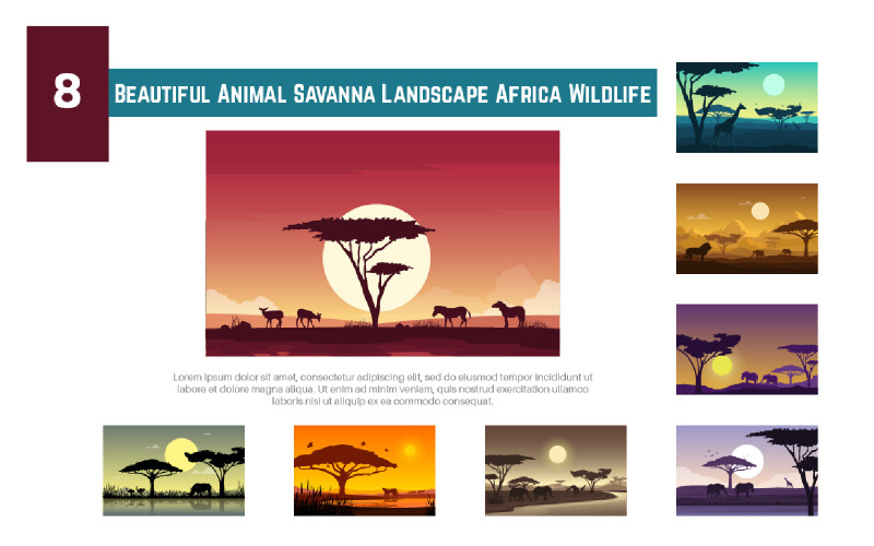Download Иллюстрация "8 Beautiful Animal Savanna Landscape Africa Wildlife" / 8 Beautiful Animal Savanna Landscape Africa Wildlife - Иллюстрация на тему графика deer,zebra,horse,animal,savanna,landscape,africa,wildlife,illustration,vector,wild,nature,african,serengeti,safari,sky,view,grass,sun,beautiful