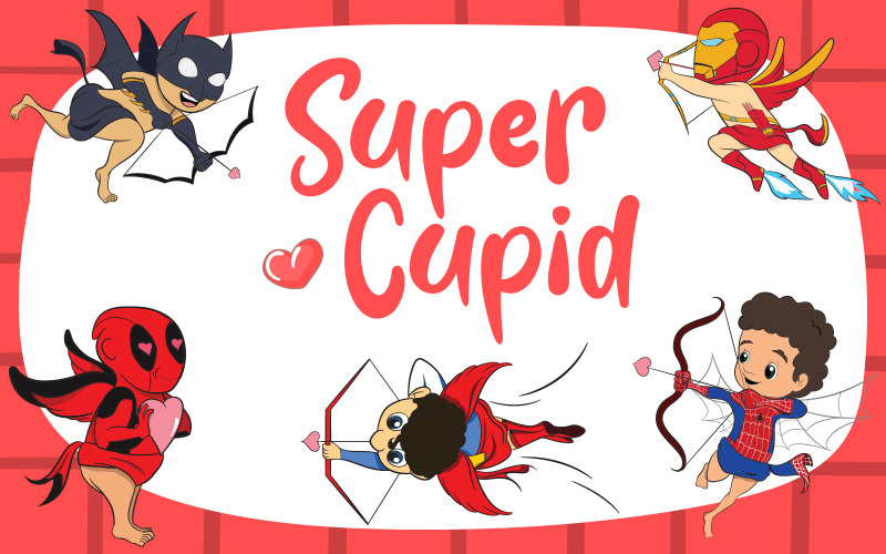 Download Иллюстрация "Set of 5 Cupid Illustrations Dressed as Valentine Superheroes" / Set of 5 Cupid Illustrations Dressed as Valentine Superheroes - Иллюстрация на тему графика cupid,valentine,valentines,day,love,superhero,superheros,batman,superman,ironman,spiderman,deadpool,halloween,costume,comic,marvel,dc,joker,manga,anime