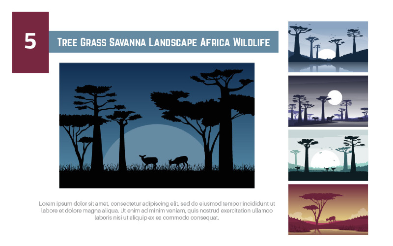 Download Иллюстрация "5 Tree Grass Savanna Landscape Africa Wildlife" / 5 Tree Grass Savanna Landscape Africa Wildlife - Иллюстрация на тему графика deer,dark,night,savanna,landscape,africa,wildlife,illustration,vector,wild,nature,african,serengeti,safari,sky,view,grass,beautiful,desert,dusk