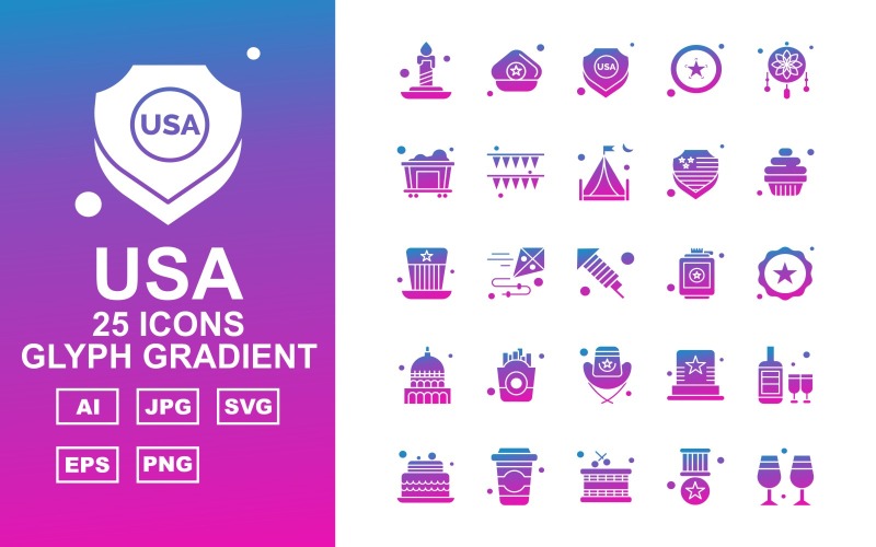 Download Набор иконок "25 Premium USA Glyph Gradient Icon Pack Iconset" / 25 Premium USA Glyph Gradient Icon Pack Iconset - Набор иконок на тему culture candle,kite,hat,wine bottles,cake,drink,drum,award,glass,cap,shield,star,adornment,railroad,celebration,camping,muffin,white house,frise,icon