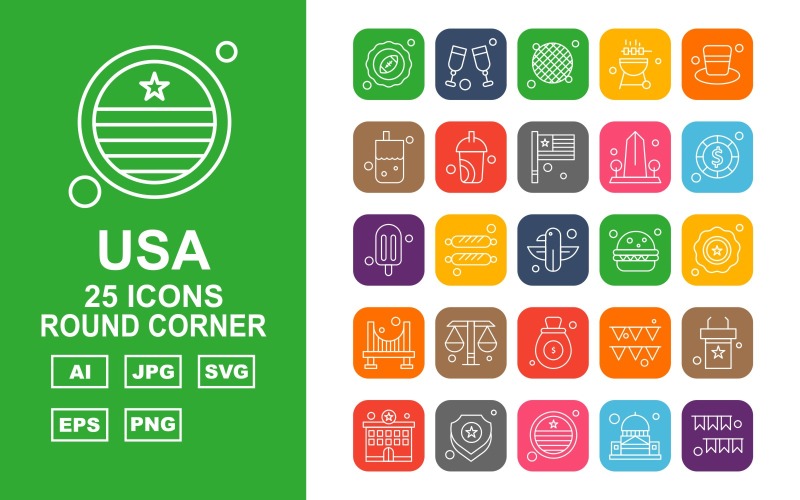 Download Набор иконок "25 Premium USA Round Corner Icon Pack" / 25 Premium USA Round Corner Icon Pack - Набор иконок на тему flags regby,chocolate,celebration,furniture,police station,shield,flag,white house,glass,grill,bar bee que,cap,bottle,coffee,buidling,coin,ice cream,eagle,burger,achievement