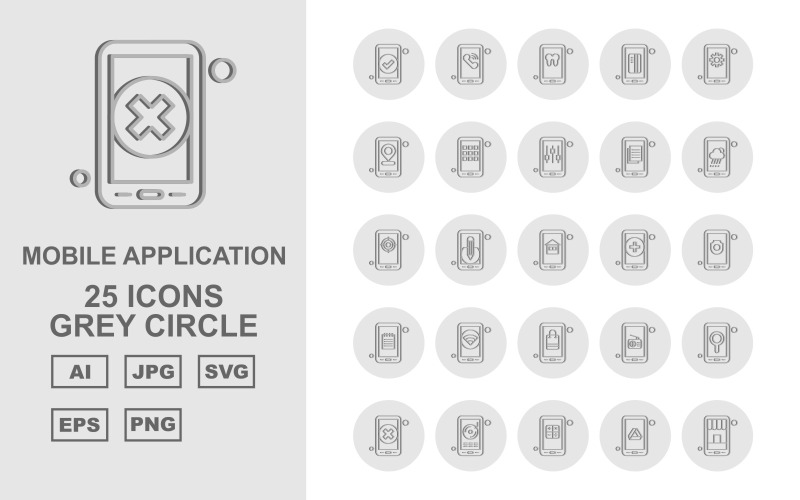 Download Набор иконок "25 Premium Mobile Application Grey Circle Icon Pack" / 25 Premium Mobile Application Grey Circle Icon Pack - Набор иконок на тему mobile tick,pencil,radio,location,cross,cd,calculate,google drive,shop,telephone,teeth,credit card,setting,menu,tunning,document,cloudy,target,house,add