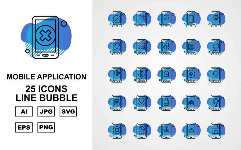 Download Набор иконок "25 Premium Mobile Application Line Blubble Icon Pack" / 25 Premium Mobile Application Line Blubble Icon Pack - Набор иконок на тему mobile tick,pencil,radio,location,cross,cd,calculate,google drive,shop,telephone,teeth,credit card,setting,menu,tunning,document,cloudy,target,house,add