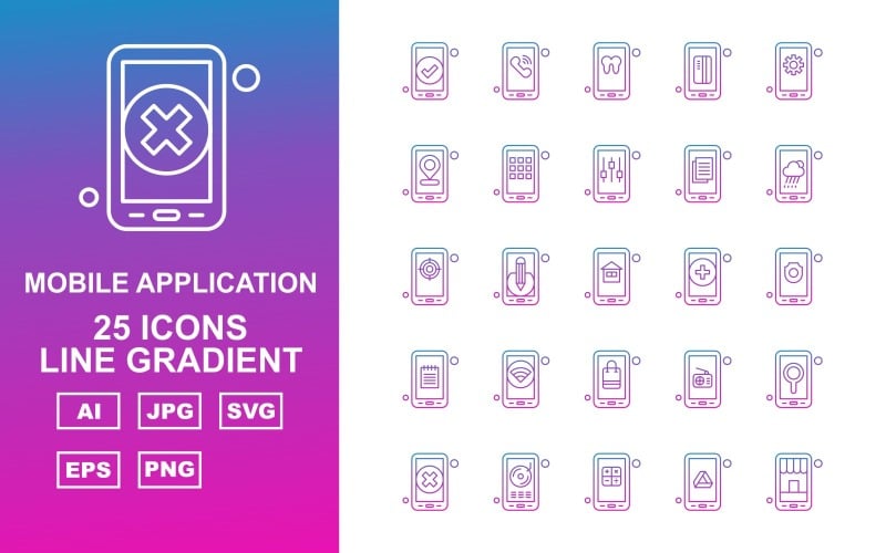 Download Набор иконок "25 Premium Mobile Application Line Gradient Icon Pack" / 25 Premium Mobile Application Line Gradient Icon Pack - Набор иконок на тему mobile tick,pencil,radio,location,cross,cd,calculate,google drive,shop,telephone,teeth,credit card,setting,menu,tunning,document,cloudy,target,house,add