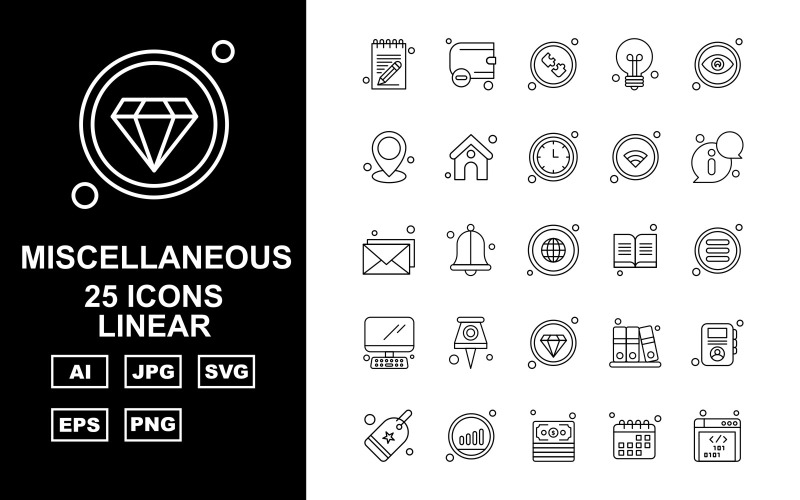 Download Набор иконок "25 Premium Miscellaneous Linear Icon Pack" / 25 Premium Miscellaneous Linear Icon Pack - Набор иконок на тему computer notebook,bell,files,profile,tag,graph,dollar,calendar,website,wallet,puzzle,bulb,eye,location,home,clock,wifi,information,email,earth