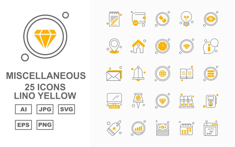 Download Набор иконок "25 Premium Miscellaneous Lino Yellow Icon Pack" / 25 Premium Miscellaneous Lino Yellow Icon Pack - Набор иконок на тему computer notebook,bell,files,profile,tag,graph,dollar,calendar,website,wallet,puzzle,bulb,eye,location,home,clock,wifi,information,email,earth