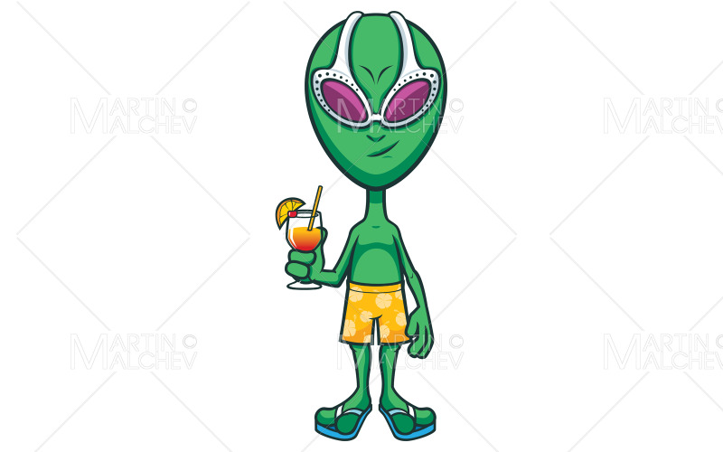 Download Иллюстрация "Alien Summer Vacation" / Alien Summer Vacation - Иллюстрация на тему графика alien,face,portrait,head,avatar,ufo,martian,extraterrestrial,character,holding,cocktail,sex on the beach,funny,smiling,happy,full length,vacation,lifestyle,party,relaxation