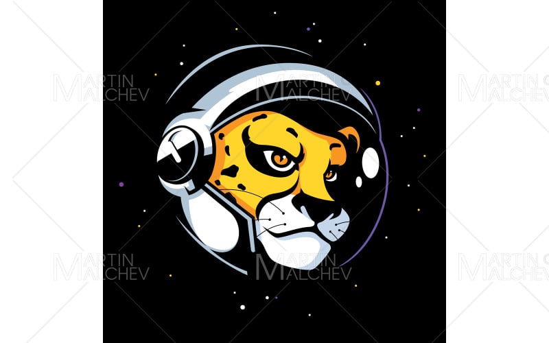Download Иллюстрация "Cheetah Astronaut Mascot" / Cheetah Astronaut Mascot - Иллюстрация на тему графика astronaut,cheetah,cat,focused,cosmonaut,yellow,space,tense,helmet,deep,star,mascot,art,brooding,illustration,universe,face,fun,suit,drawn