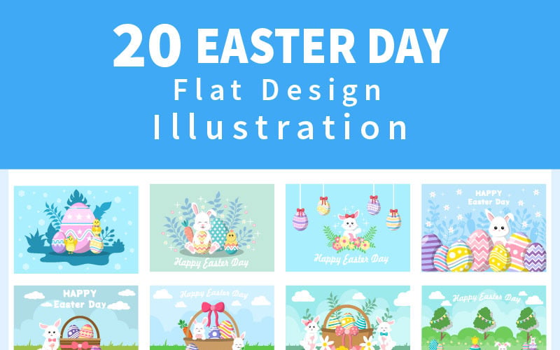 Download Иллюстрация "20 Happy Easter Day - Illustration Background" / 20 Happy Easter Day - Illustration Background - Иллюстрация на тему графика easter,eggs,april,day,bunny,celebration,ribbon,rabbit,background,flat,happy,illustration,poster,greeting,banner,easter eggs,invitation,postcard,decorated,celebrate