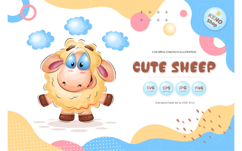 Download Vector "Cute Cartoon Sheep - Vector Image" / Cute Cartoon Sheep - Vector Image - Vector на тему графика sheep,cartoon,lamb,ram,ewe,mutton,dream,fairy tale,clouds,sky,cloud,wool,cute,drawing,hand drawn,mammal,greeting,painted,animal,art