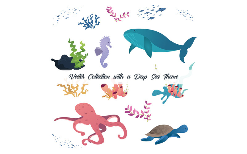 Download Vector "Deep-Sea Theme - Cliparts Collection - Vector Image" / Deep-Sea Theme - Cliparts Collection - Vector Image - Vector на тему графика animal,collection,coral,deep sea,fish,illustration2020,nature,ocean,octopus,sea,sea horse,turtle,whale