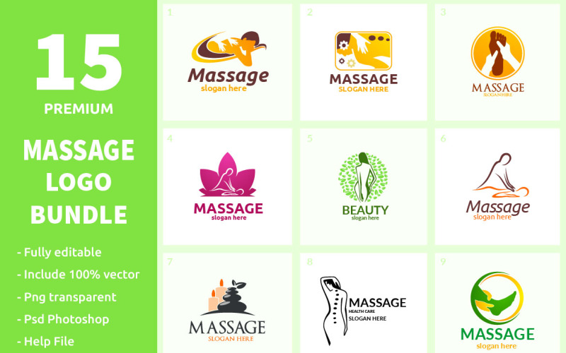 Download Шаблон логотипа "15 Massage Logo Bundle" / 15 Massage Logo Bundle - Шаблон логотипа на тему графика massage,logo,body,spa,osteopathy,therapy,yoga,treatment,chiropractic,spine,fitness,massaging,relax,backbone,backache,orthopedic,medical,wellness,clinic,alternative