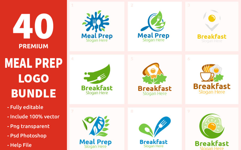 Download Шаблон логотипа "40 Meal Prep Logo Bundle" / 40 Meal Prep Logo Bundle - Шаблон логотипа на тему графика meal,prep,logo,healthy,vegan,vegetarian,weight,loss,prepping,food,breakfast,freezer,lunch,cafe,restaurant,chicken,cook,eat,chef,fork
