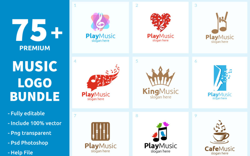 Download Шаблон логотипа "75+ Music Logo Bundle" / 75+ Music Logo Bundle - Шаблон логотипа на тему графика music logo,music,karaoke,melody,movie,multimedia,record,voice,singer,note,sound,song,play,logo,video,volume,audio,vector,compose,disco