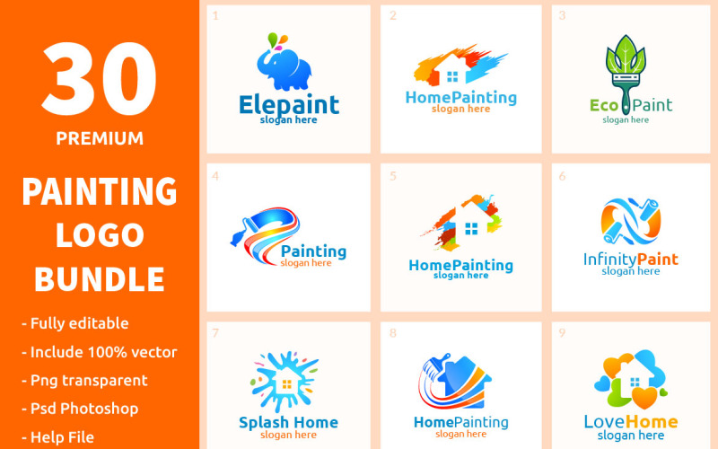 Download Шаблон логотипа "30 Painting Logo Bundle" / 30 Painting Logo Bundle - Шаблон логотипа на тему графика logo,paint,home,illustration,vector,design,icon,house,isolated,brush,color,work,construction,repair,ink,building,business,tool,painter,elements