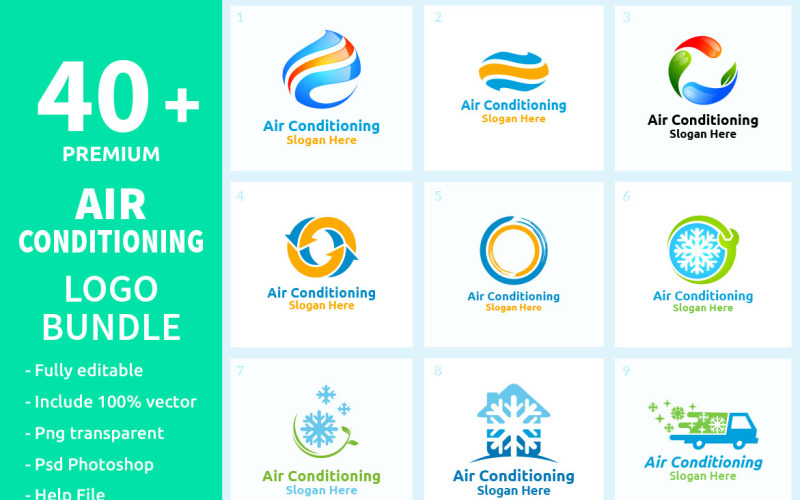 Download Шаблон логотипа "40+ Air Conditioning Logo Bundle" / 40+ Air Conditioning Logo Bundle - Шаблон логотипа на тему графика bundle,set,air,air conditioning,cool,heat,heater,heating,technician,installation,hot,hotness,house,logo,repair,firm,service,warm,brand,business