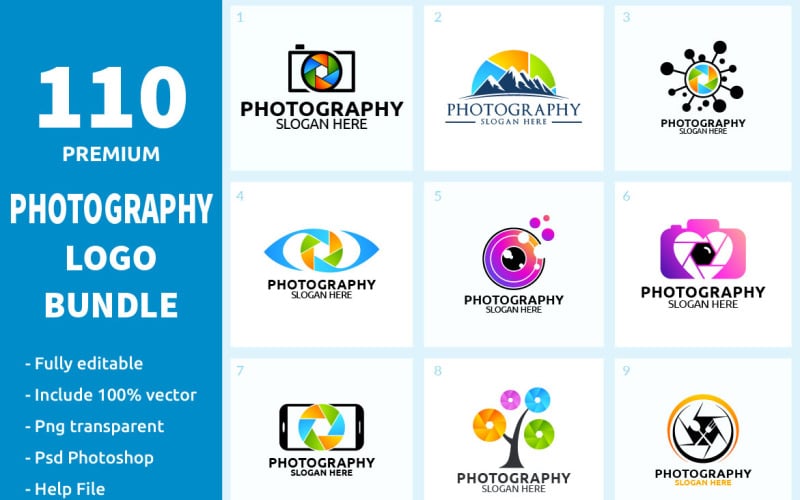 Download Шаблон логотипа "110 Photography Logo Bundle" / 110 Photography Logo Bundle - Шаблон логотипа на тему графика camera,photo,video,print,photography,studio,photographer,agency,abstract,lens,logo,visual,snapshot,brand,professional,elegant,modern,symbol,black,branding
