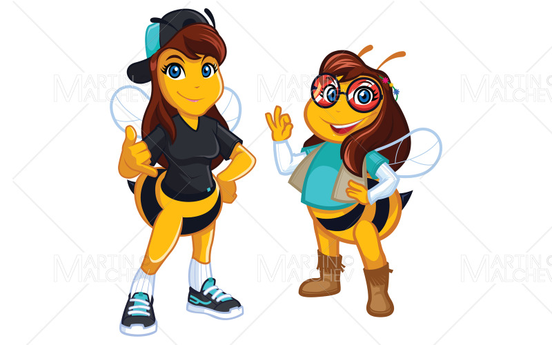 Download Иллюстрация "Cool Honey Bees" / Cool Honey Bees - Иллюстрация на тему графика cool,honey,bee,joiful,teenage,stylish,baseball,cap,yellow,elegant,funny,insect,glasses,trendy,character,cartoon,honeybee,mascot,smile,cute