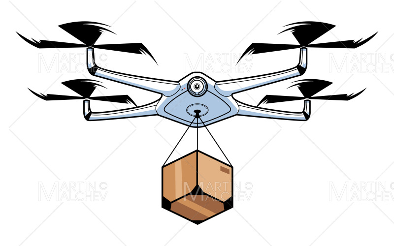 Download Иллюстрация "Drone Delivery Symbol" / Drone Delivery Symbol - Иллюстрация на тему графика drone,modern,quadcopter,delivery,box,city,client,transport,logistic,white,shipping,smart,innovation,mascot,express,service,packaging,goods,package,cartoon