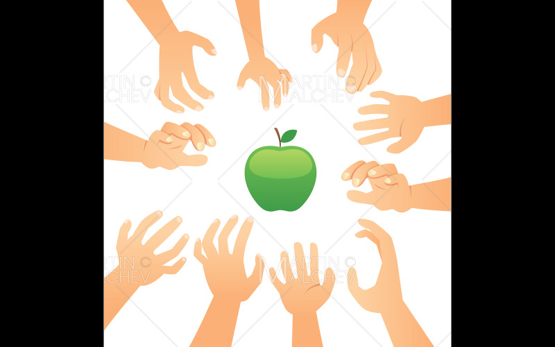 Download Иллюстрация "Hands Reaching To Apple" / Hands Reaching To Apple - Иллюстрация на тему графика many,hand,reach,green,apple,achieve,cherished,goal,hope,assistance,touch,seeking,knowledge,wisdom,reaching,human,together,competition,people,diversity