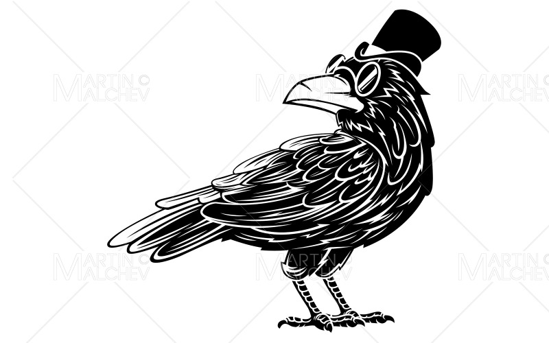 Download Иллюстрация "Mister Crow Mascot" / Mister Crow Mascot - Иллюстрация на тему графика raven,vintage,black,top hat,glasses,monocle,crow,victorian,aristocrat,examining,hat,pensively,cylinder,retro,fashion,portrait,character,mascot,halloween,cartoon