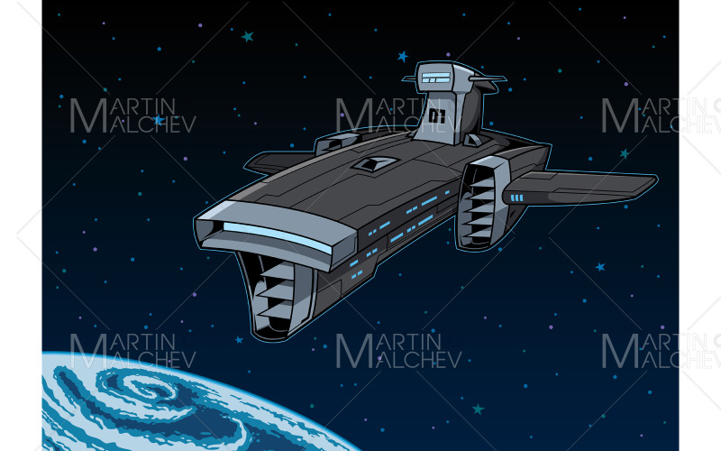 Download Иллюстрация "Spaceship Orbiting Planet" / Spaceship Orbiting Planet - Иллюстрация на тему графика spaceship,starship,spacecraft,orbiting,planet,interstellar,space,ship,science,fiction,science fiction,futuristic,technology,alien,ufo,extraterrestrial,dreadnought,exploration,prepare,siege