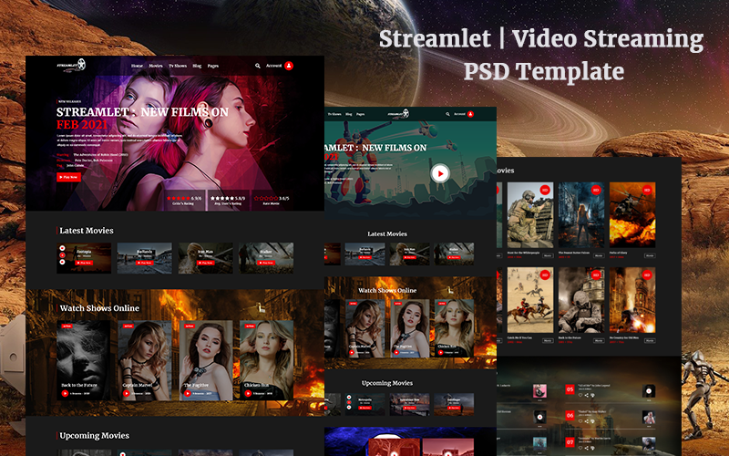 Download PSD шаблон "Streamlet Video Streaming PSD Template" / Streamlet Video Streaming PSD Template - Адаптивный PSD шаблон на тему развлечения streamlet,video streaming,video,streaming,psd,streaming live,live streaming,stream,live movie