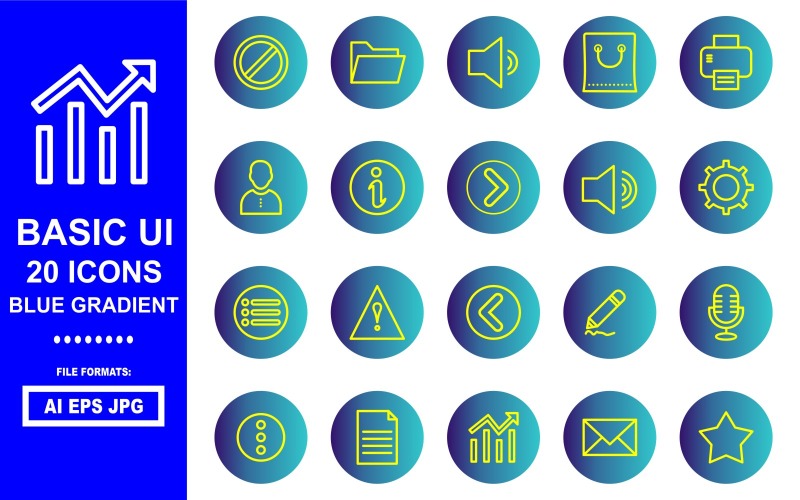 Download Набор иконок "20 Basic UI Blue Gradient Icon Pack" / 20 Basic UI Blue Gradient Icon Pack - Набор иконок на тему data block,folder,sound,bag,printer,man,inofo,caution,back,setting,menu,mark,draw,micro phone,dout,document,chart,mail,bookmark,high sound