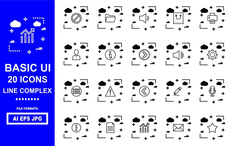Download Набор иконок "20 Basic UI Line Complex Icon Pack" / 20 Basic UI Line Complex Icon Pack - Набор иконок на тему data block,folder,sound,bag,printer,man,inofo,caution,back,setting,menu,mark,draw,micro phone,dout,document,chart,mail,bookmark,high sound