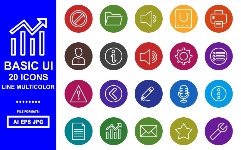 Download Набор иконок "20 Basic UI Line Multicolor Icon Pack" / 20 Basic UI Line Multicolor Icon Pack - Набор иконок на тему data block,folder,sound,bag,printer,man,inofo,caution,back,setting,menu,mark,draw,micro phone,dout,document,chart,mail,bookmark,high sound