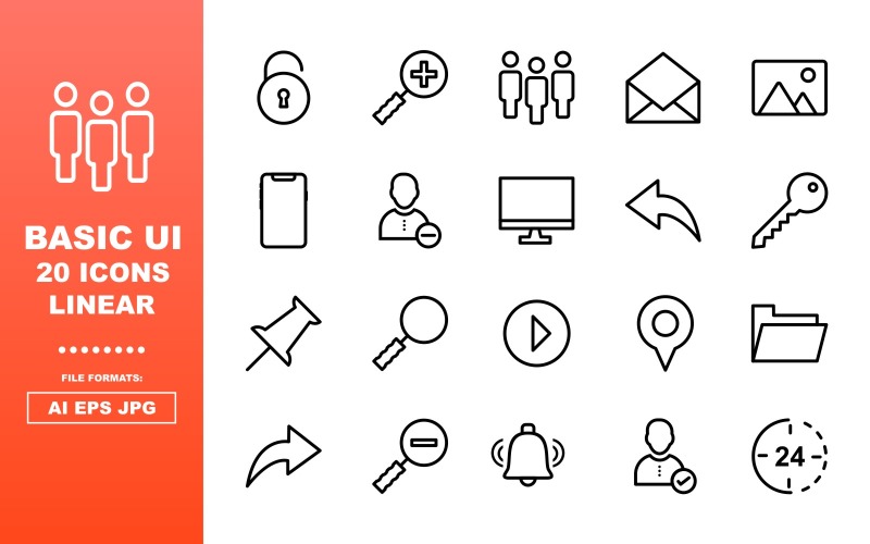 Download Набор иконок "20 Basic UI Linear Icon Pack" / 20 Basic UI Linear Icon Pack - Набор иконок на тему data lock,glass,team,email,gallary,mobile,add friend,lcd,arrow,key,pin,find,media,location,folder,right,bell,complete,clorck,icon