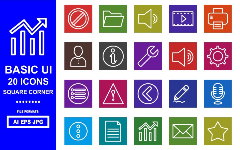 Download Набор иконок "20 Basic UI Square Corner Icon Pack" / 20 Basic UI Square Corner Icon Pack - Набор иконок на тему data block,folder,sound,bag,printer,man,inofo,caution,back,setting,menu,mark,draw,micro phone,dout,document,chart,mail,bookmark,high sound