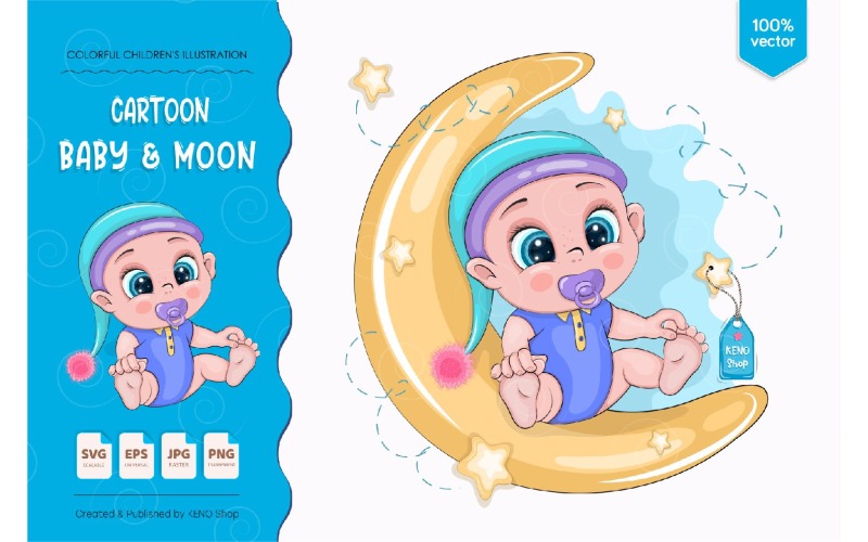 Download Vector "Cartoon Baby on Moon - Vector Image" / Cartoon Baby on Moon - Vector Image - Vector на тему графика little baby,baby boy shower,baby,baby boy,baby cartoon,character,art,boy,kids,shower,cartoon,children,card,illustration,cute,vector,background,design,greeting,love