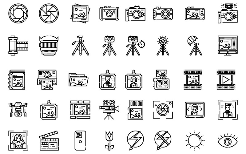 Download Набор иконок "Photography and Accessories Icons" / Photography and Accessories Icons - Набор иконок на тему business accessories,action camera,album,cam,camera,digital,drone,editing,effects,equipment,film,flashes,flat,icons,lenses,lighting,line,memory card,outline