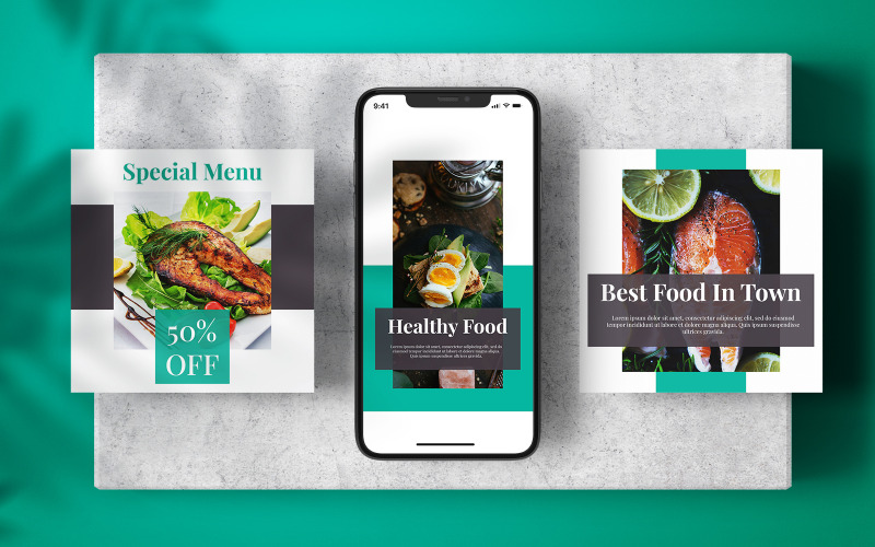 Download Шаблон для соцсетей "Food Instagram Feed and Story Banner Social Media Template" / Food Instagram Feed and Story Banner Social Media Template - Шаблон для соцсетей на тему графика instagram template,instagram post,marketing,food,layout,poster,square,feed,menu,social media,restaurant,fast food,templates,food template,instagram feed,foodstuff,banner template,healthy food