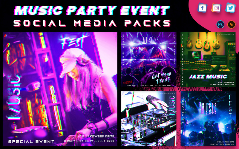 Download Шаблон для соцсетей "Music Event Promo Social Media Packs" / Music Event Promo Social Media Packs - Шаблон для соцсетей на тему графика music,promotion,social,media,pack,post,instagram,twitter,facebook,story,cover,instagrampost,instagramstory,template,offer